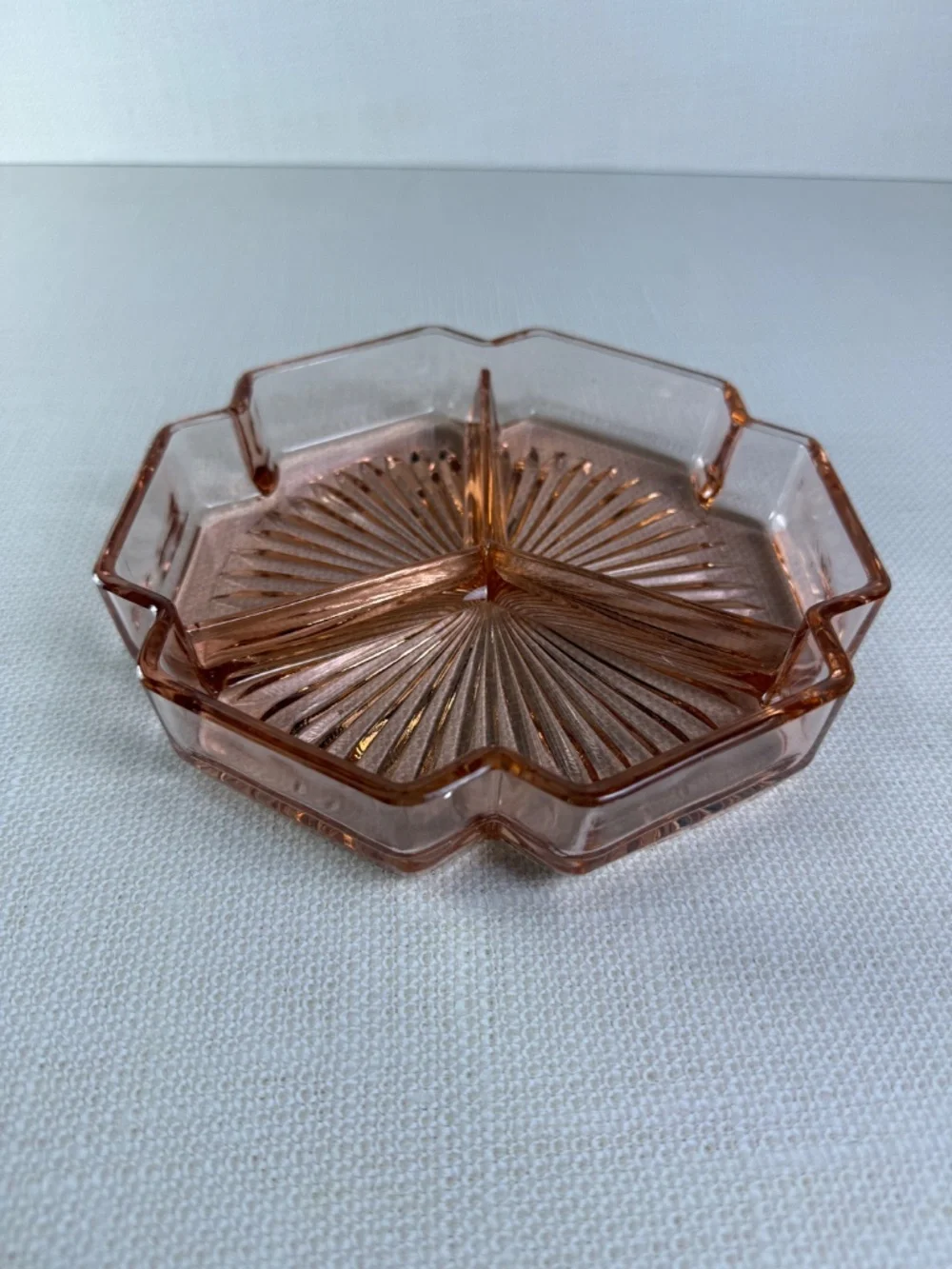Pink Depression Glass 3-Section Divided Relish & Candy Dish — Starburst Pattern - Picture 3 of 10